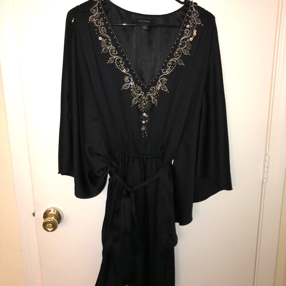 WHBM Black Satin Embellished Beaded Mini Dress